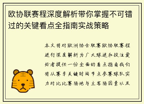 欧协联赛程深度解析带你掌握不可错过的关键看点全指南实战策略 欧协联赛程深度解析带你掌握不可错过的关键看点全指南实战策略